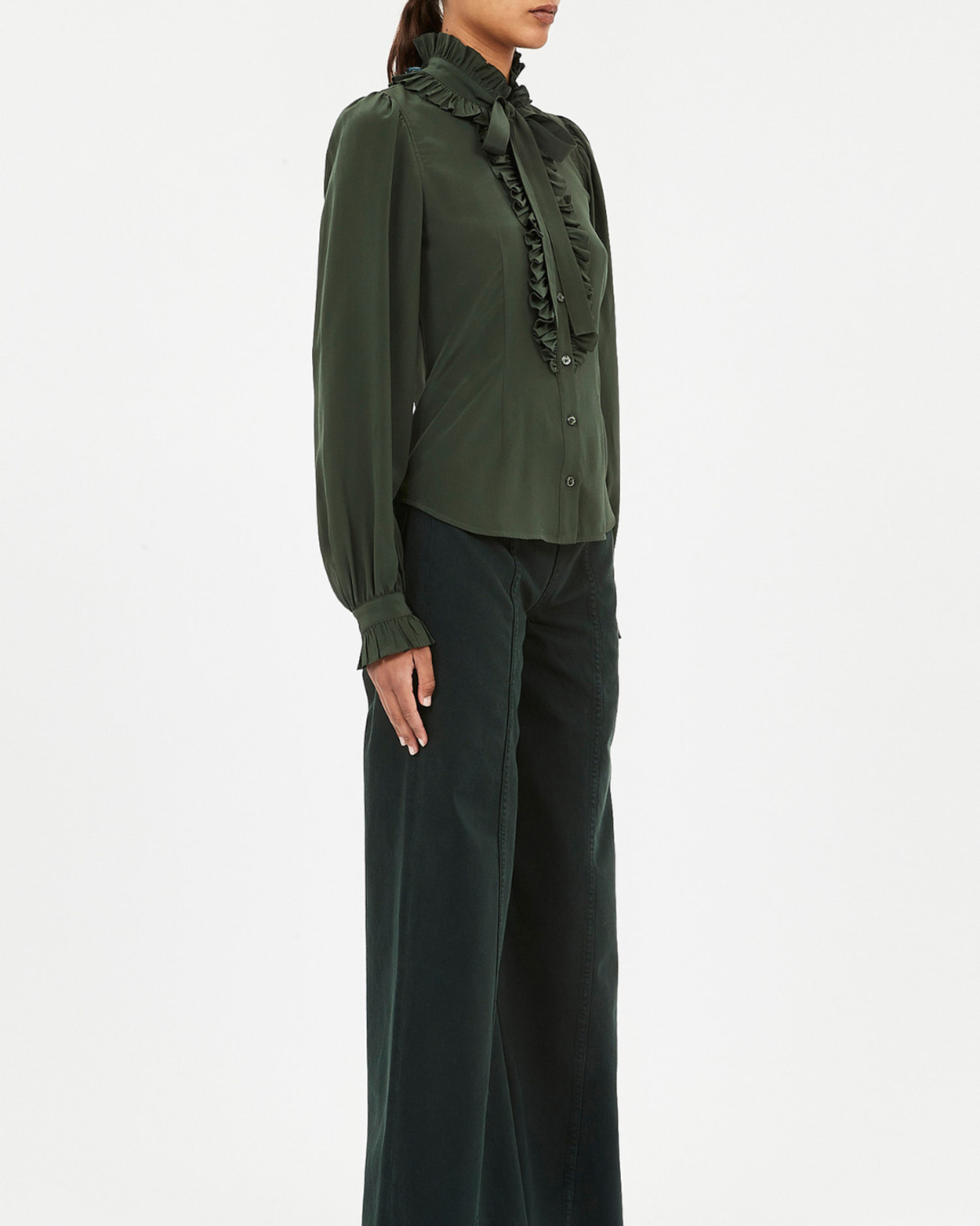 Ulla Johnson Catroux Silk Long Sleeve Button Front Blouse Cypress