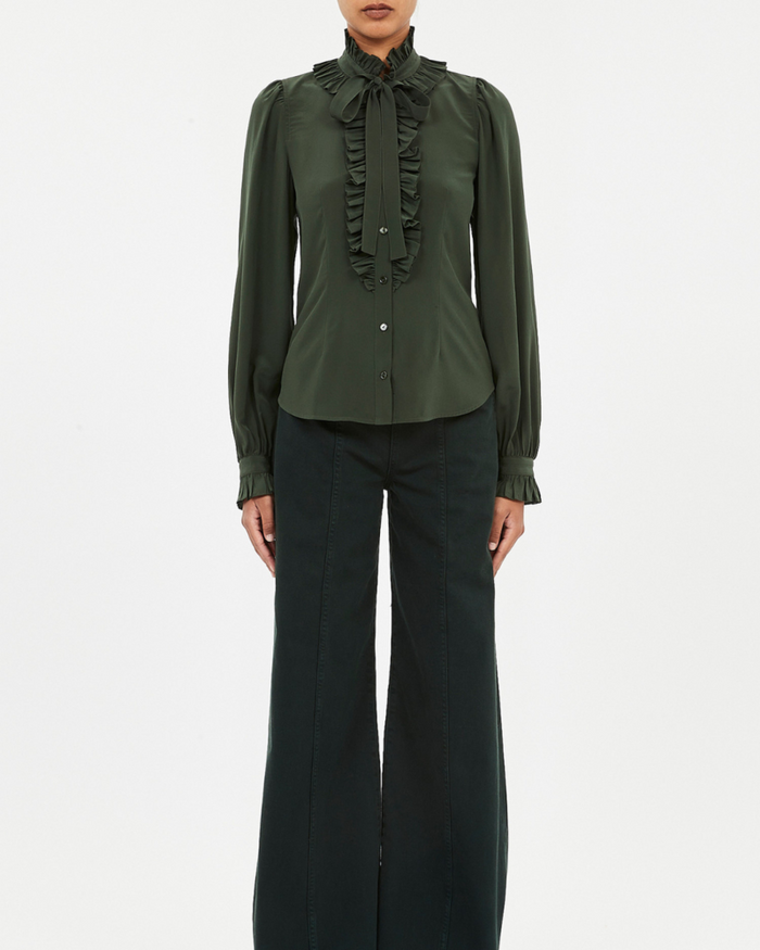 Ulla Johnson Catroux Silk Long Sleeve Button Front Blouse Cypress