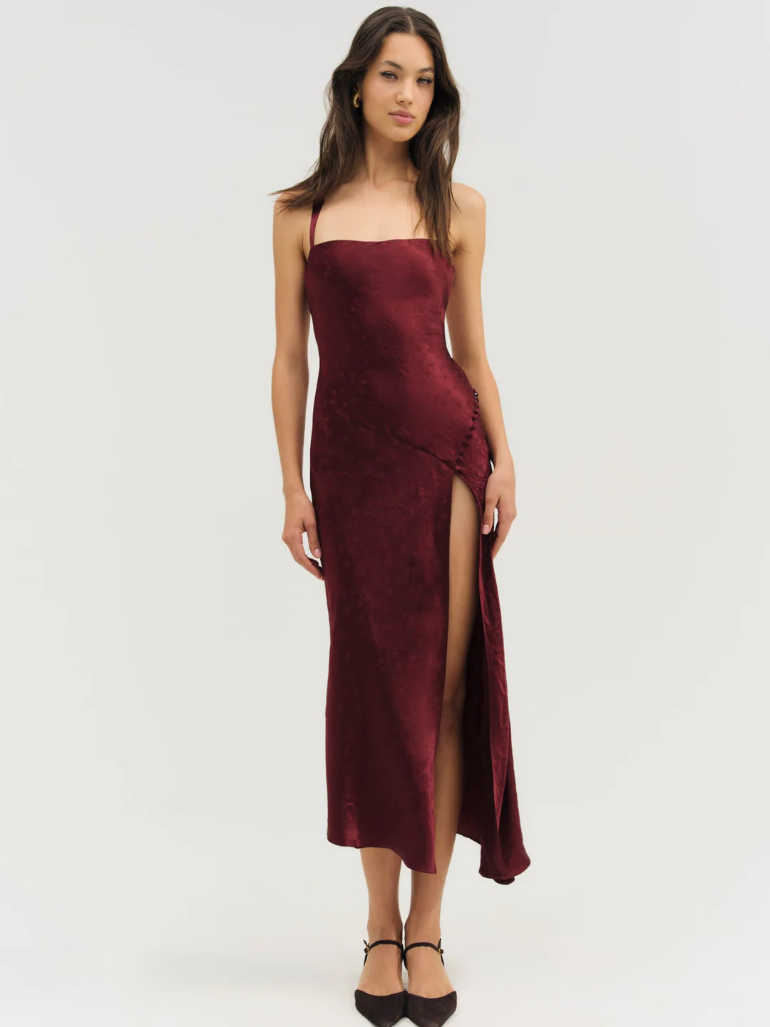 For Love & Lemons Carla Jacquard Midi Dress Burgundy