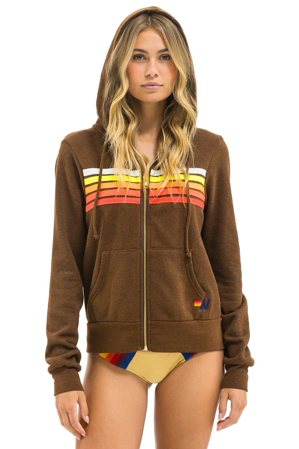 Aviator Nation 5 STRIPE HOODIE - CHOCOLATE // WHITE NEON