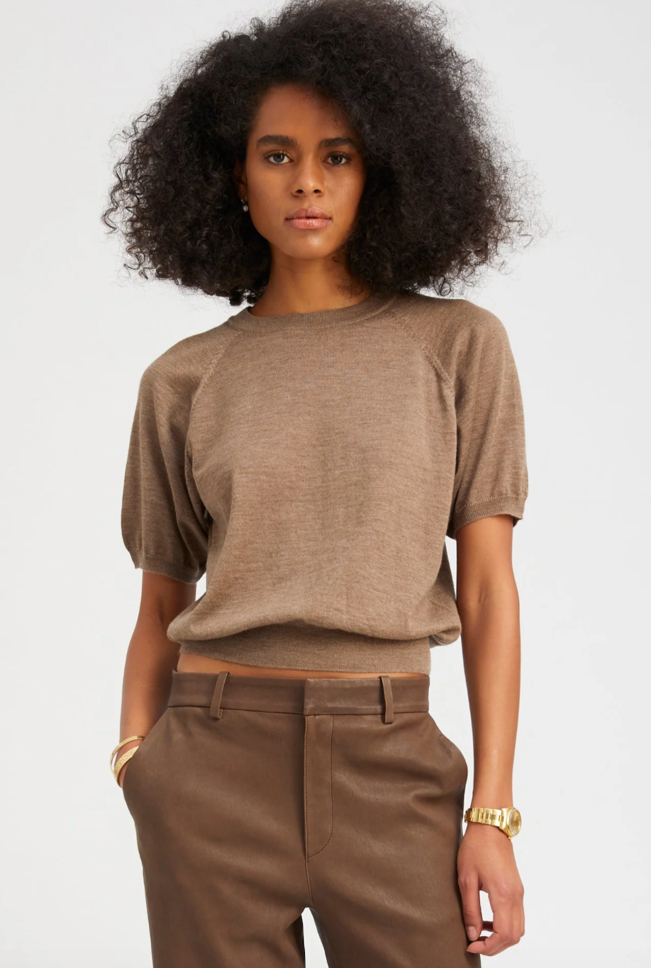 SPRWMN TRUFFLE CASHMERE SHORT SLEEVE RAGLAN SWEATER