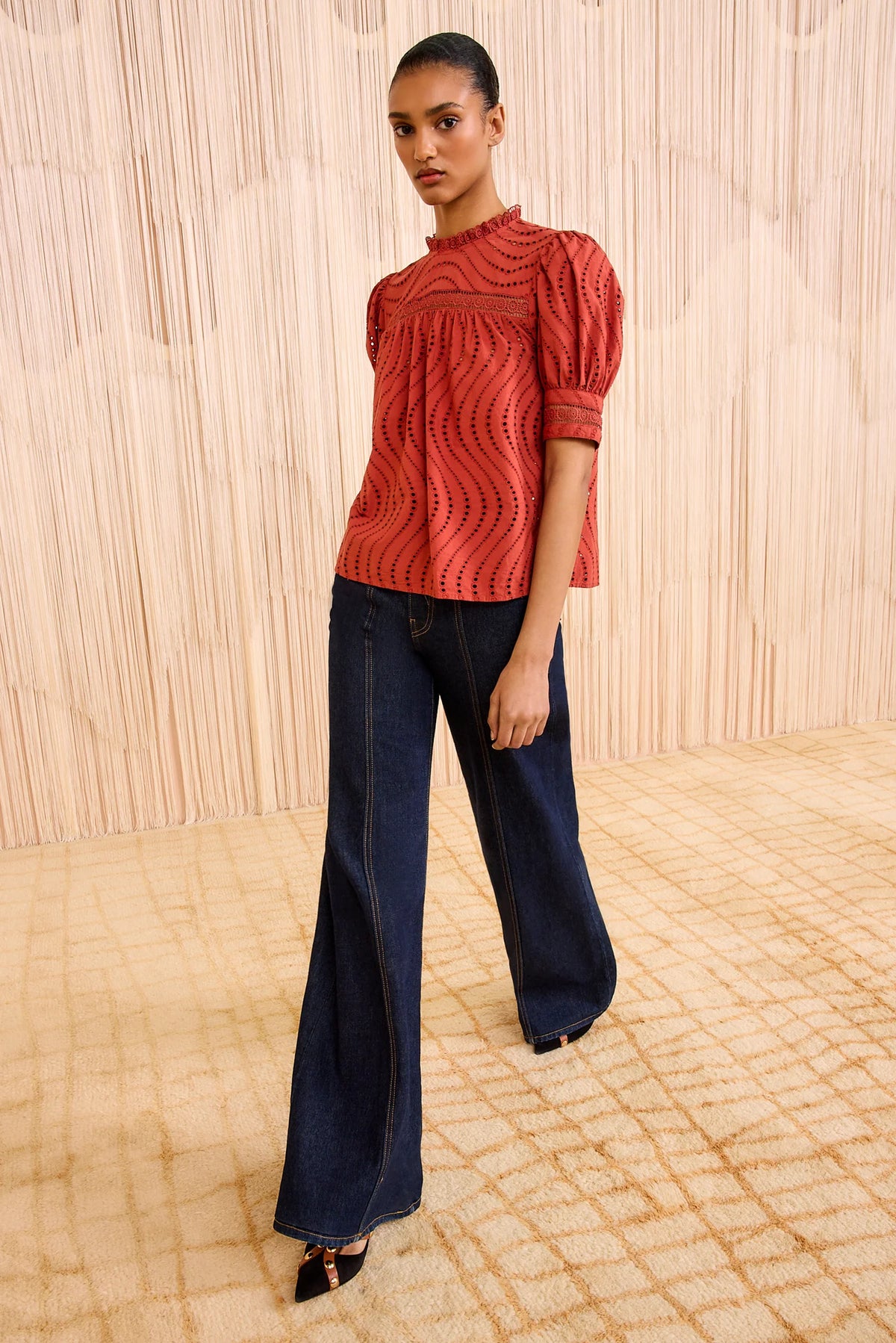 Ulla Johnson Virginia Lace Collar Short Sleeve Blouse Claret