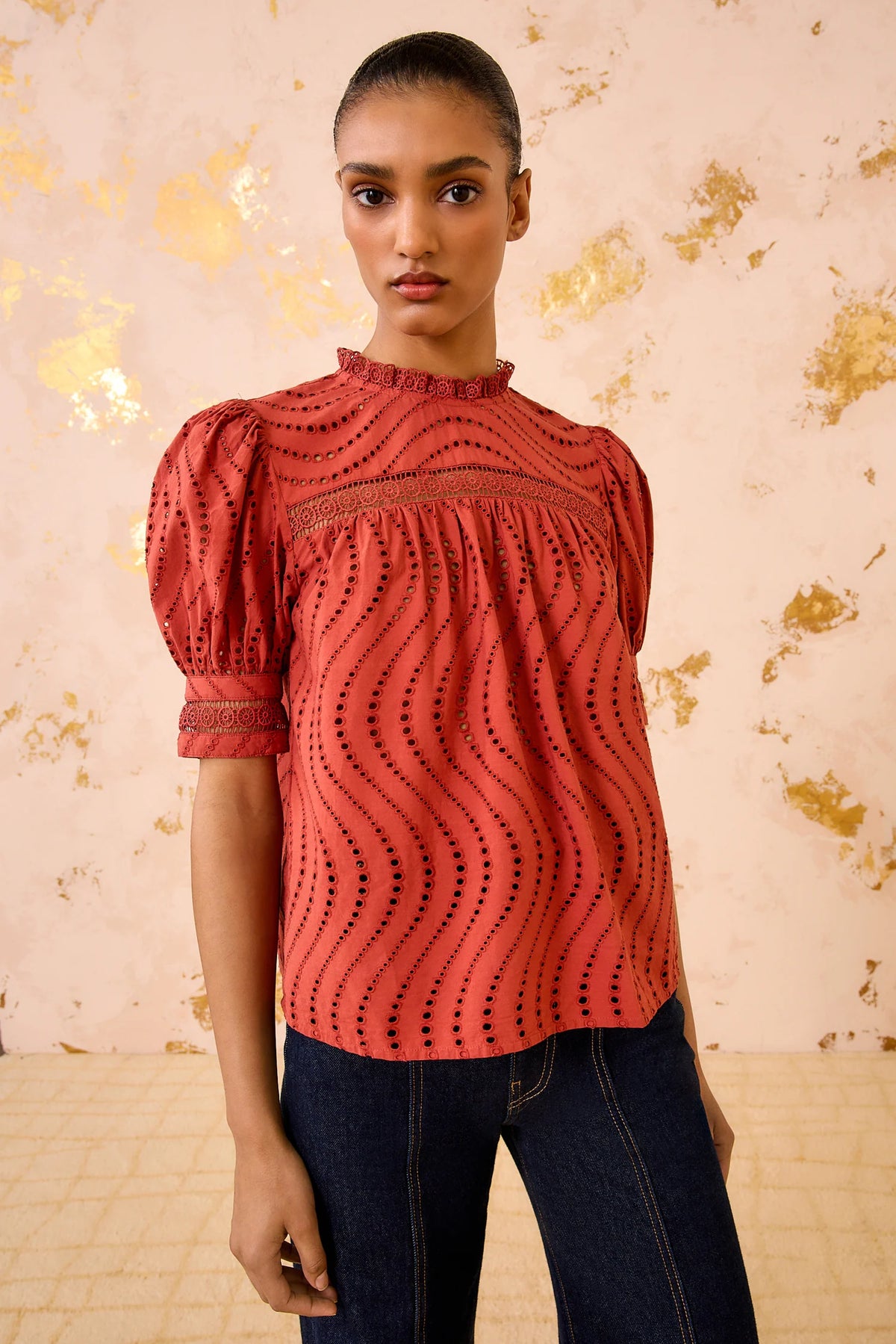 Ulla Johnson Virginia Lace Collar Short Sleeve Blouse Claret