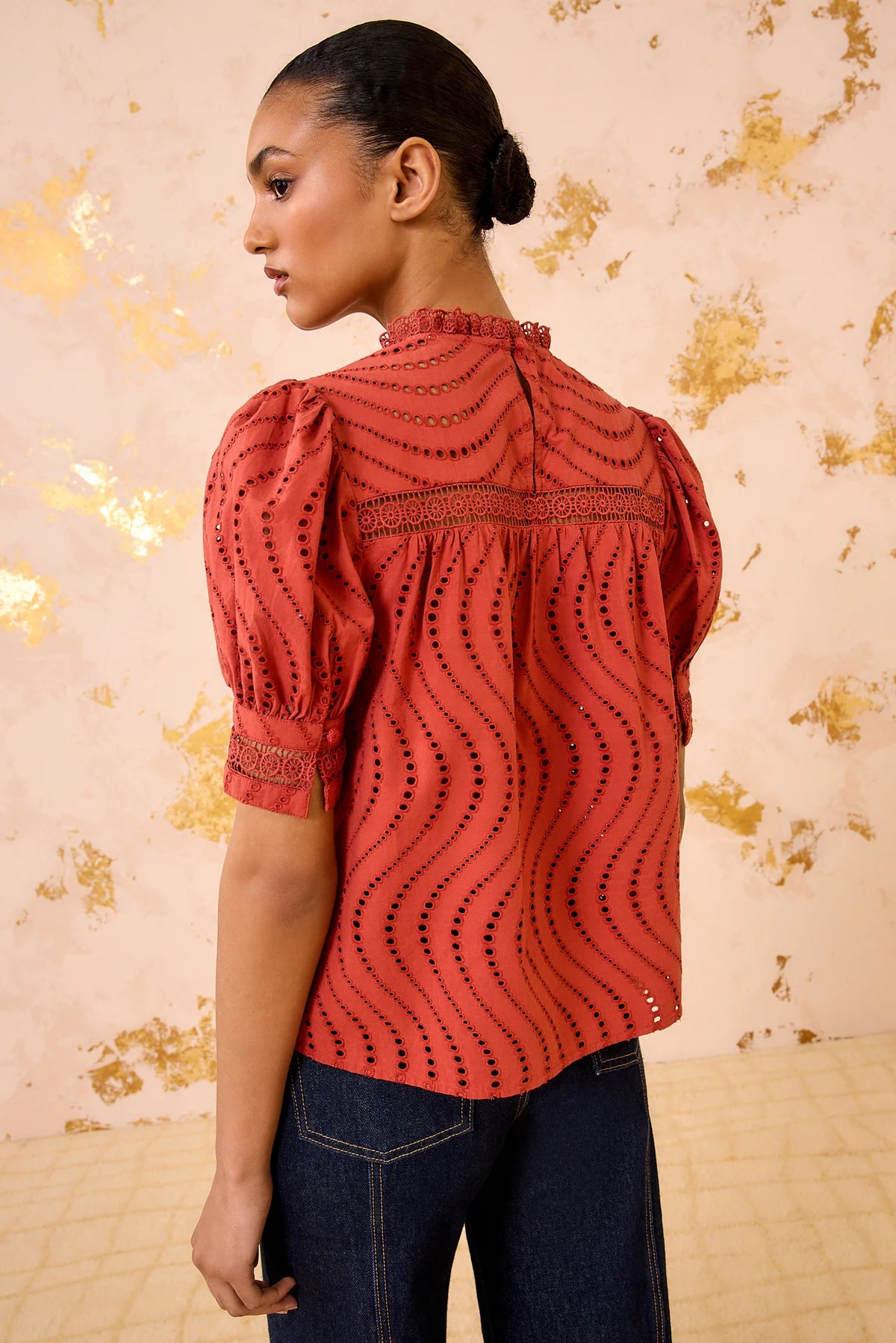 Ulla Johnson Virginia Lace Collar Short Sleeve Blouse Claret