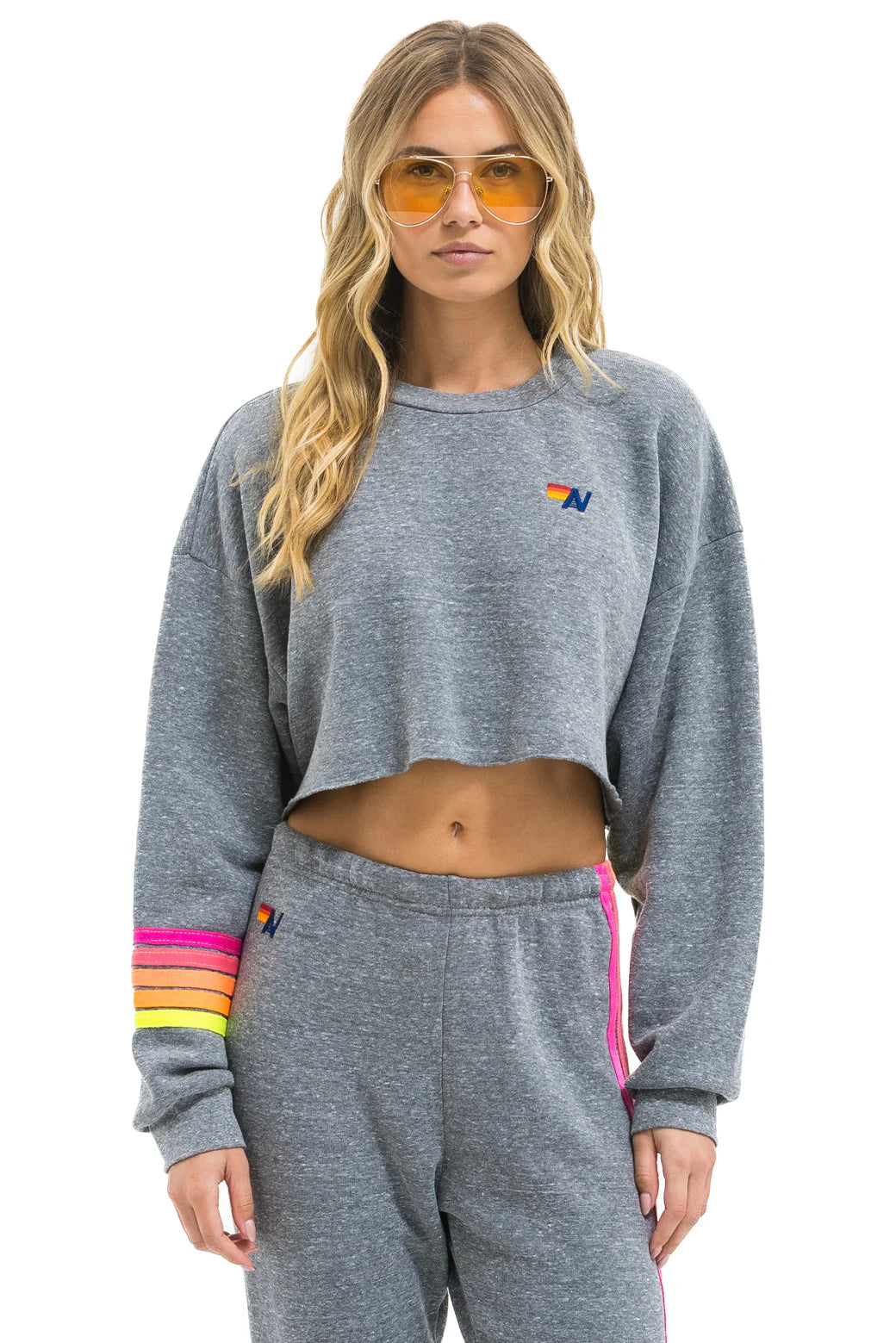 Aviator Nation RUGBY STITCH CROPPED CREW SWEATSHIRT RELAXED - HEATHER // NEON