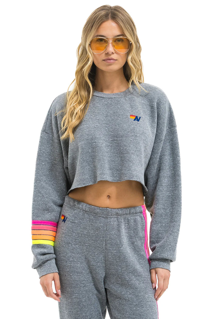 Aviator Nation RUGBY STITCH CROPPED CREW SWEATSHIRT RELAXED - HEATHER // NEON