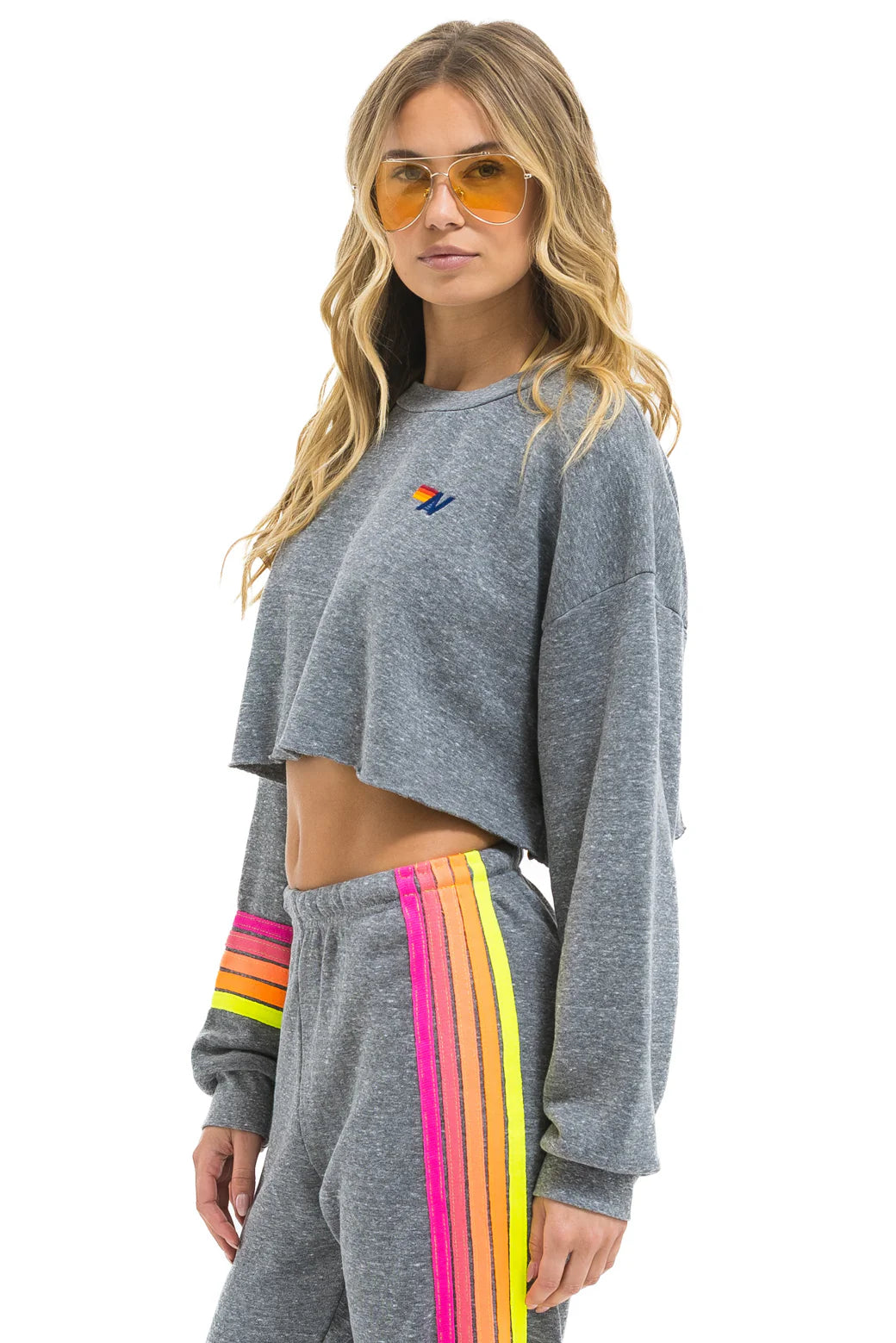 Aviator Nation RUGBY STITCH CROPPED CREW SWEATSHIRT RELAXED - HEATHER // NEON