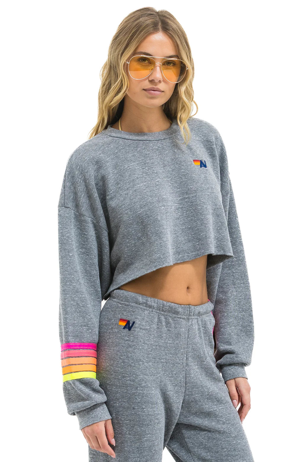 Aviator Nation RUGBY STITCH CROPPED CREW SWEATSHIRT RELAXED - HEATHER // NEON