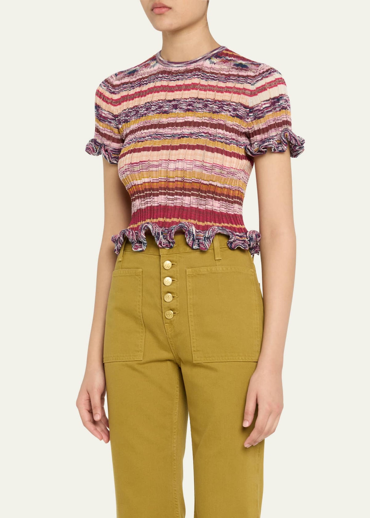 Ulla Johnson Miya Short-Sleeve Knit Ruffle Top Prism