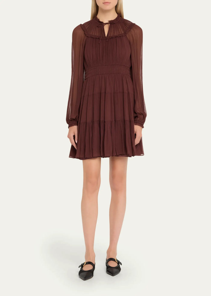 ULLA JOHNSON Ava Long-Sleeve Tiered Silk Mini Dress - Mahogany