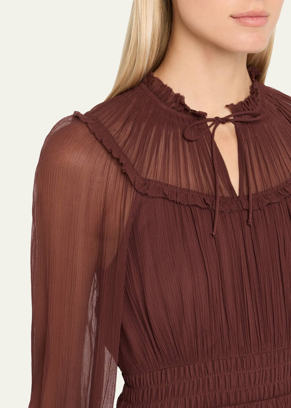 ULLA JOHNSON Ava Long-Sleeve Tiered Silk Mini Dress - Mahogany