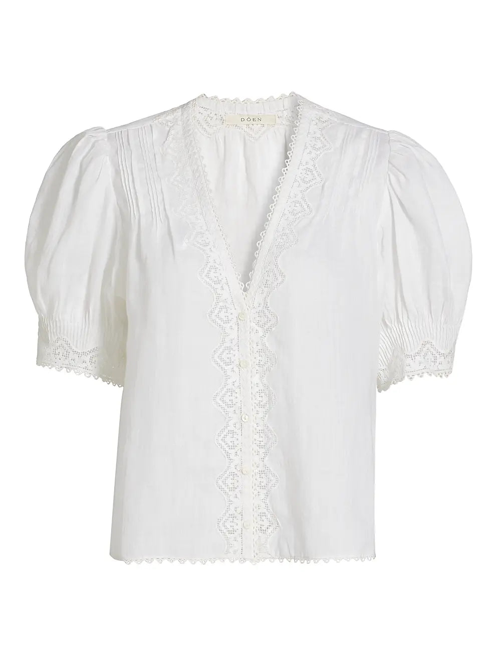 Doen Brigetta Eyelet-Trim Linen Puff Sleeve Top Salt