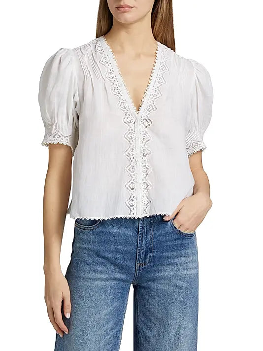 Doen Brigetta Eyelet-Trim Linen Puff Sleeve Top Salt