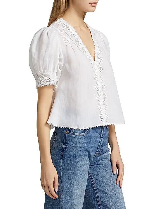 Doen Brigetta Eyelet-Trim Linen Puff Sleeve Top Salt