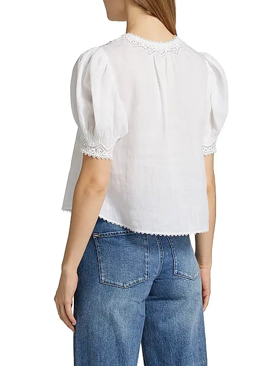 Doen Brigetta Eyelet-Trim Linen Puff Sleeve Top Salt