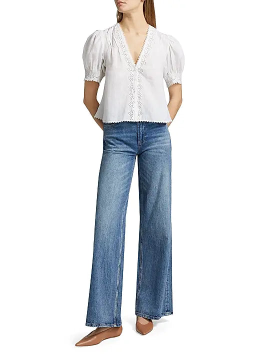 Doen Brigetta Eyelet-Trim Linen Puff Sleeve Top Salt