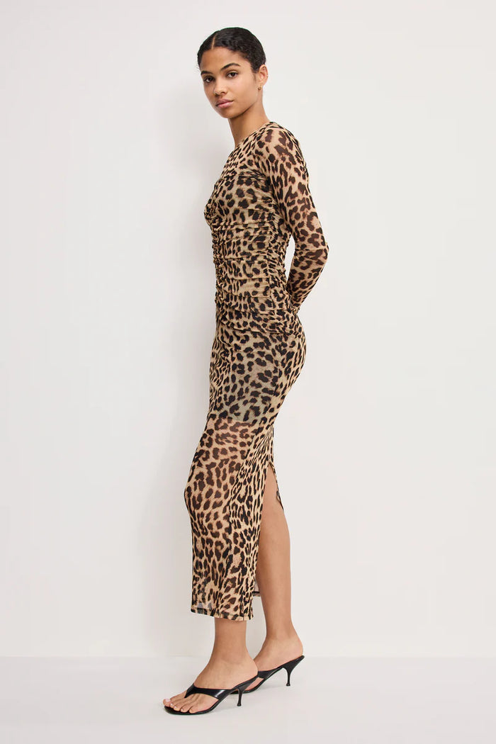 Good American Mesh Ruched Maxi Dress Lucky leopard001