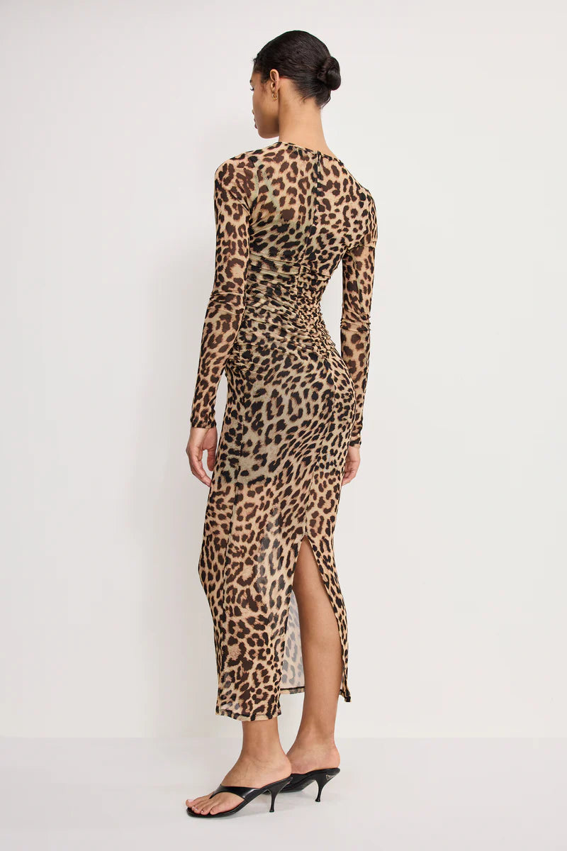 Good American Mesh Ruched Maxi Dress Lucky leopard001