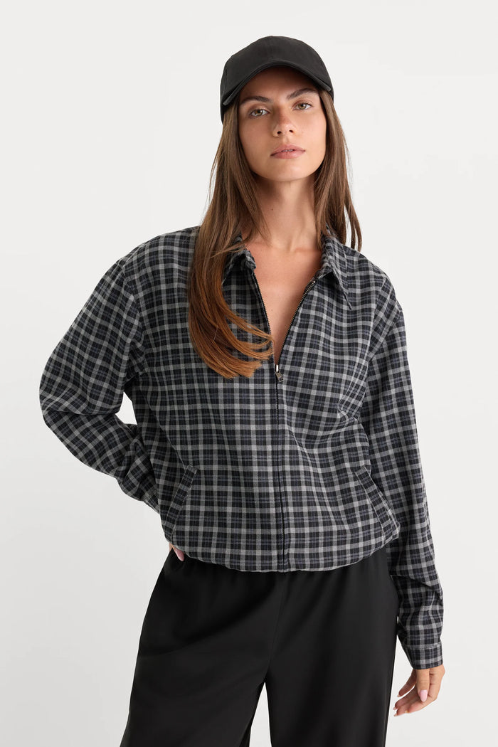 Good American The Lightweight Bomber Jacket Charcoal plaid