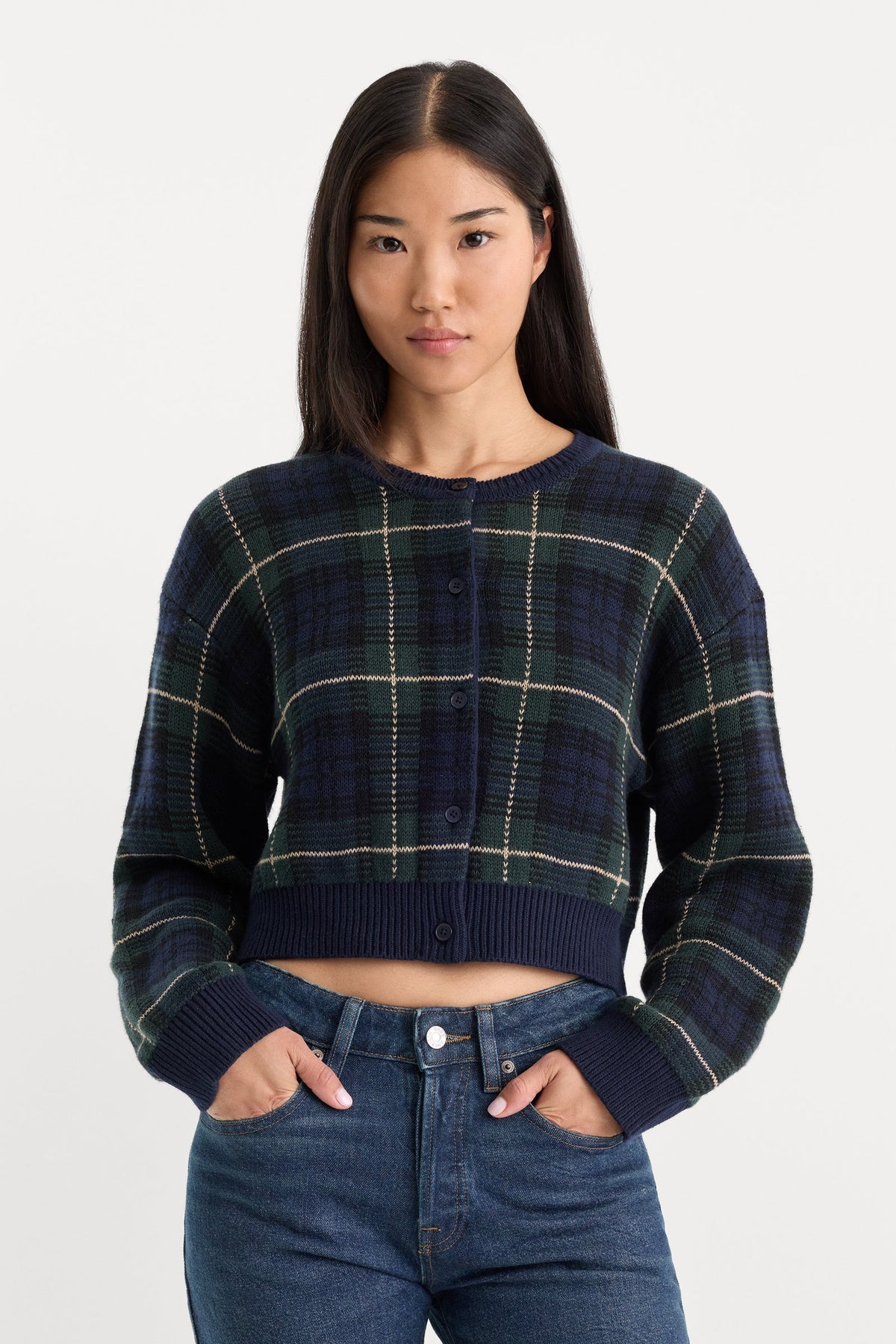 Good American The Jacquard Cardigan -  Forest plaid