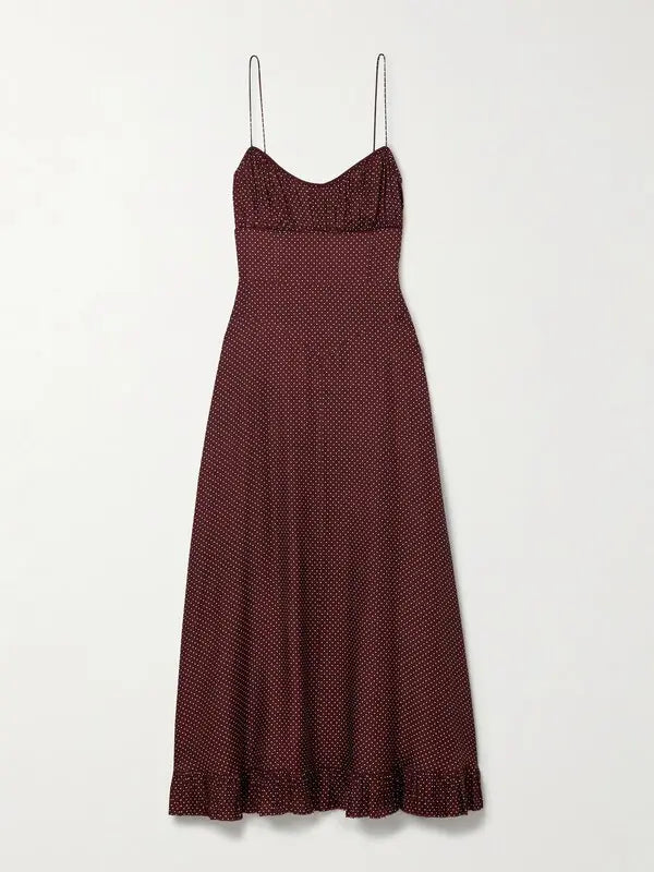 DÔEN Rosaria Polka-Dot Silk-Blend Midi Dress - Burgundy