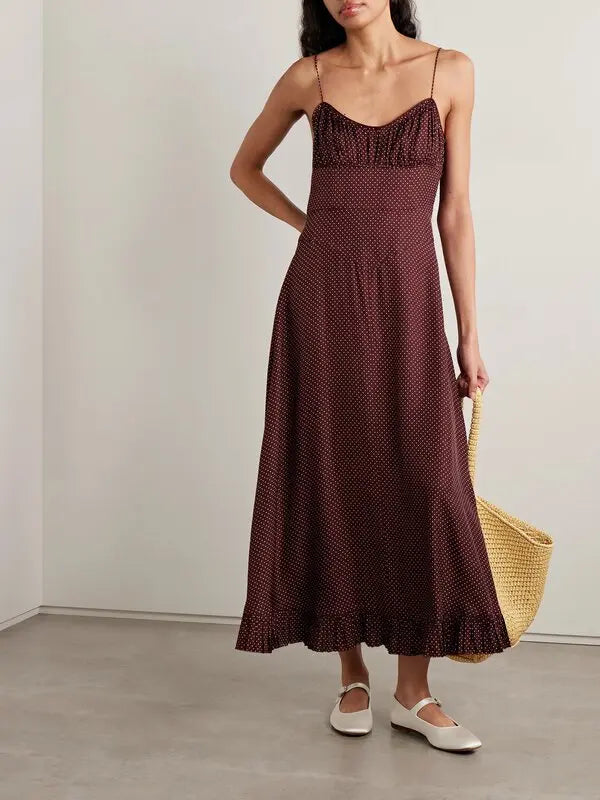 DÔEN Rosaria Polka-Dot Silk-Blend Midi Dress - Burgundy