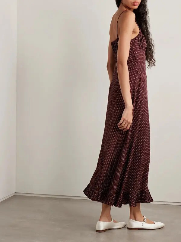 DÔEN Rosaria Polka-Dot Silk-Blend Midi Dress - Burgundy