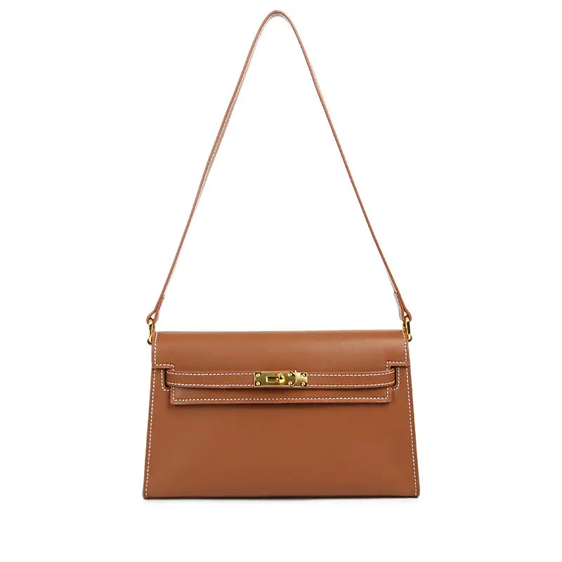 Sook Genuine Leather Envelope Shoulder Bag with Metallic Closure - Brown