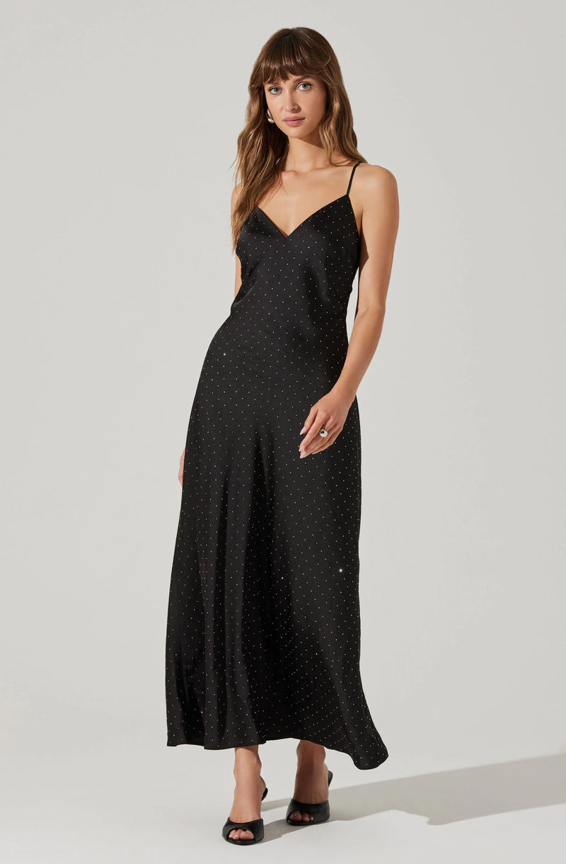 ASTR Bonney Rhinestone Maxi Slip Dress Black