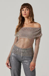 ASTR  Diamante Rhinestone Mesh Off Shoulder Top