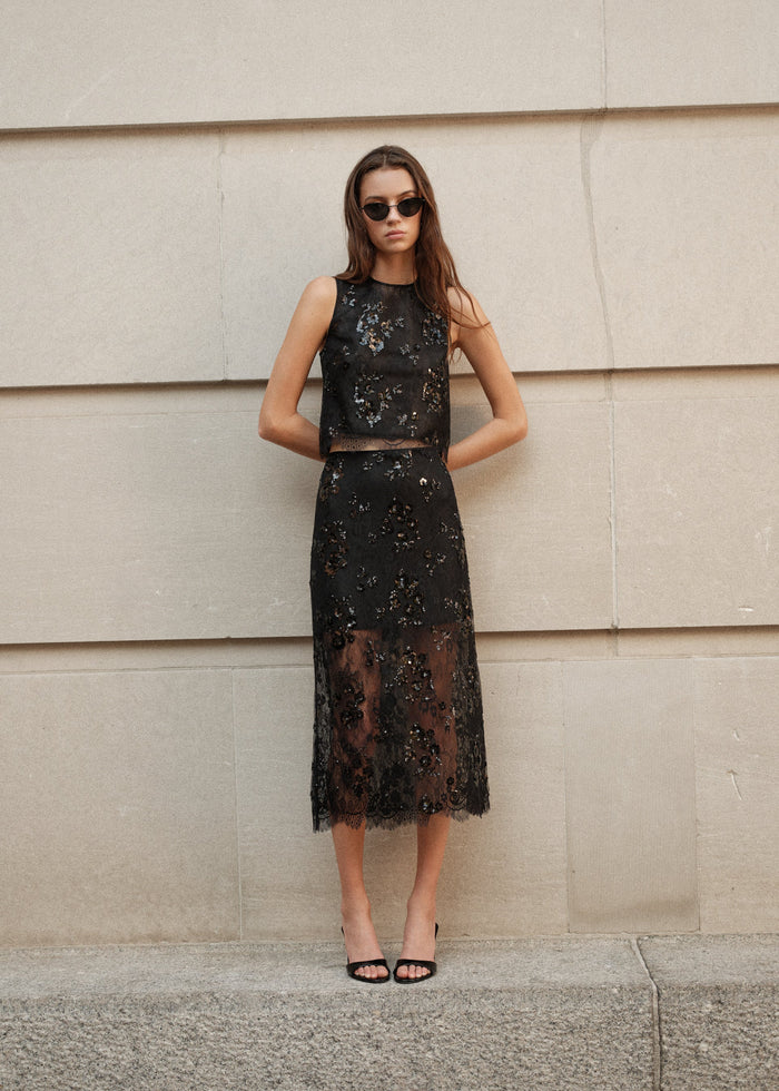 CAMI NYC AYLIN SEQUIN LACE MIDI SKIRT BLACK