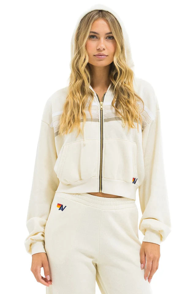 Aviator Nation 5 STRIPE CROPPED ZIP HOODIE RELAXED - VINTAGE WHITE // WHITE GREY