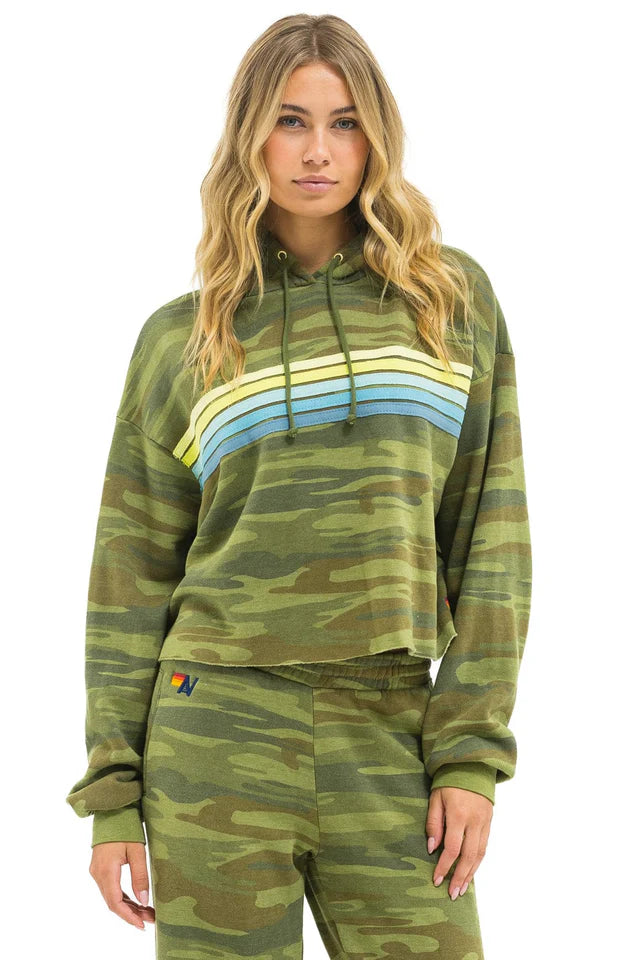 AVIATOR NATION 5 STRIPE RELAXED CROPPED PULLOVER HOODIE - CAMO // LIME // AQUA