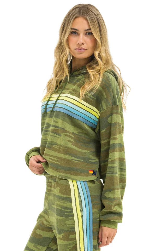 AVIATOR NATION 5 STRIPE RELAXED CROPPED PULLOVER HOODIE - CAMO // LIME // AQUA