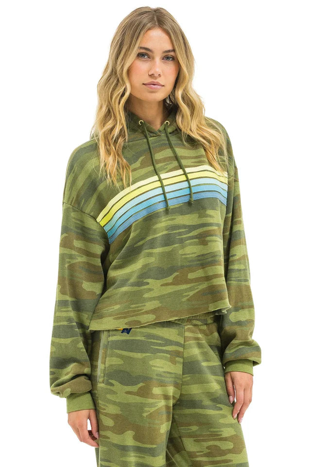 AVIATOR NATION 5 STRIPE RELAXED CROPPED PULLOVER HOODIE - CAMO // LIME // AQUA