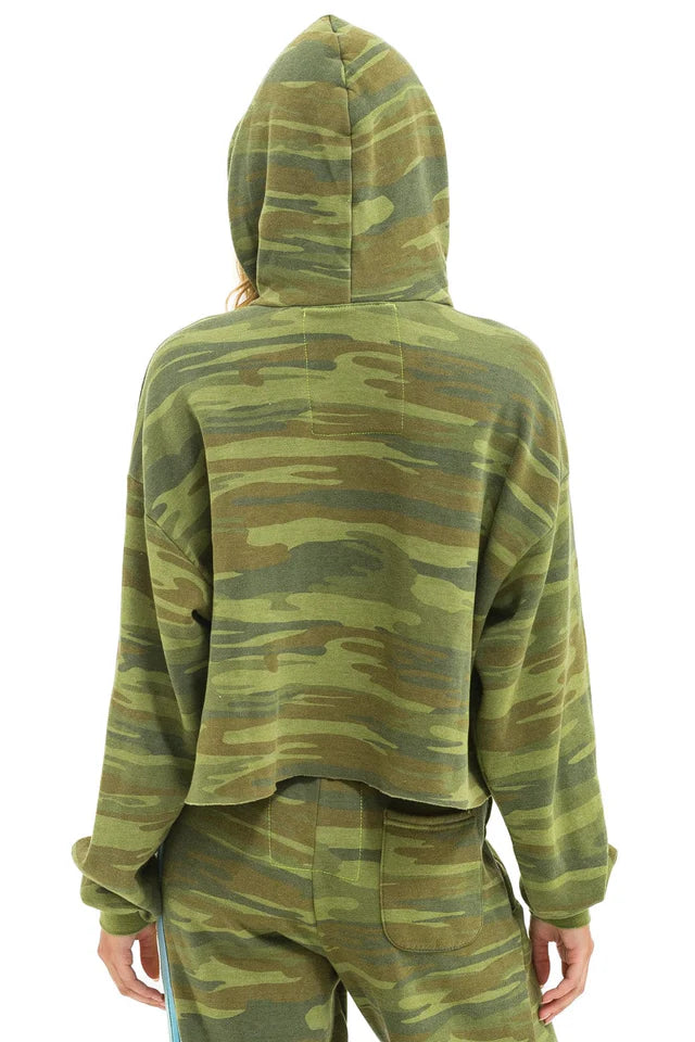 AVIATOR NATION 5 STRIPE RELAXED CROPPED PULLOVER HOODIE - CAMO // LIME // AQUA
