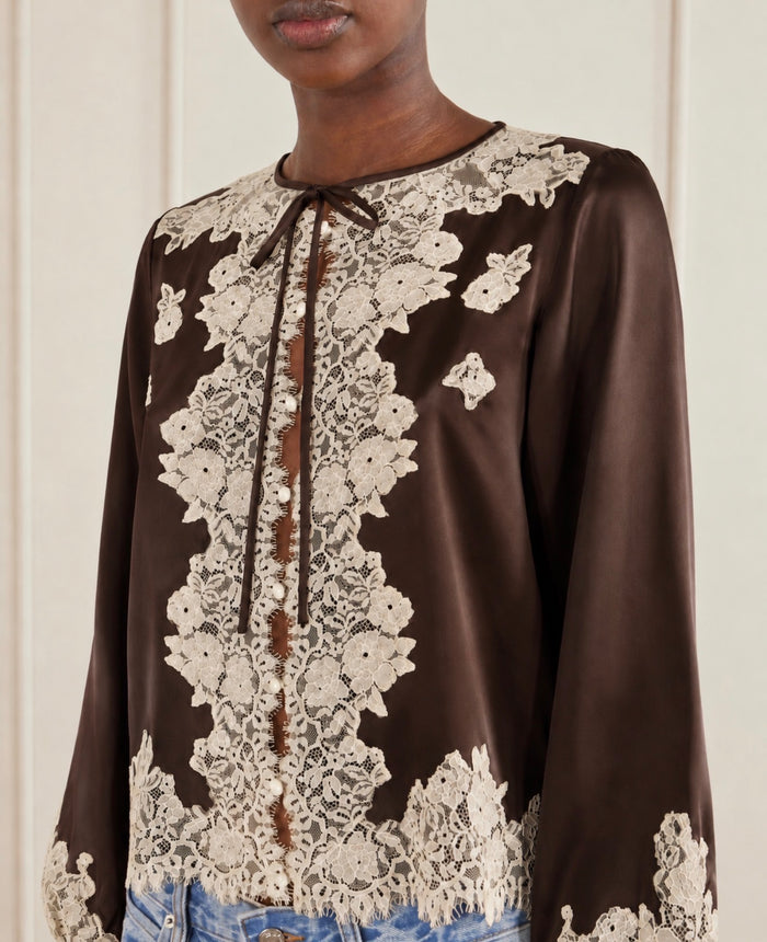 Dôen Lucine lace-trimmed silk-satin blouse Cream