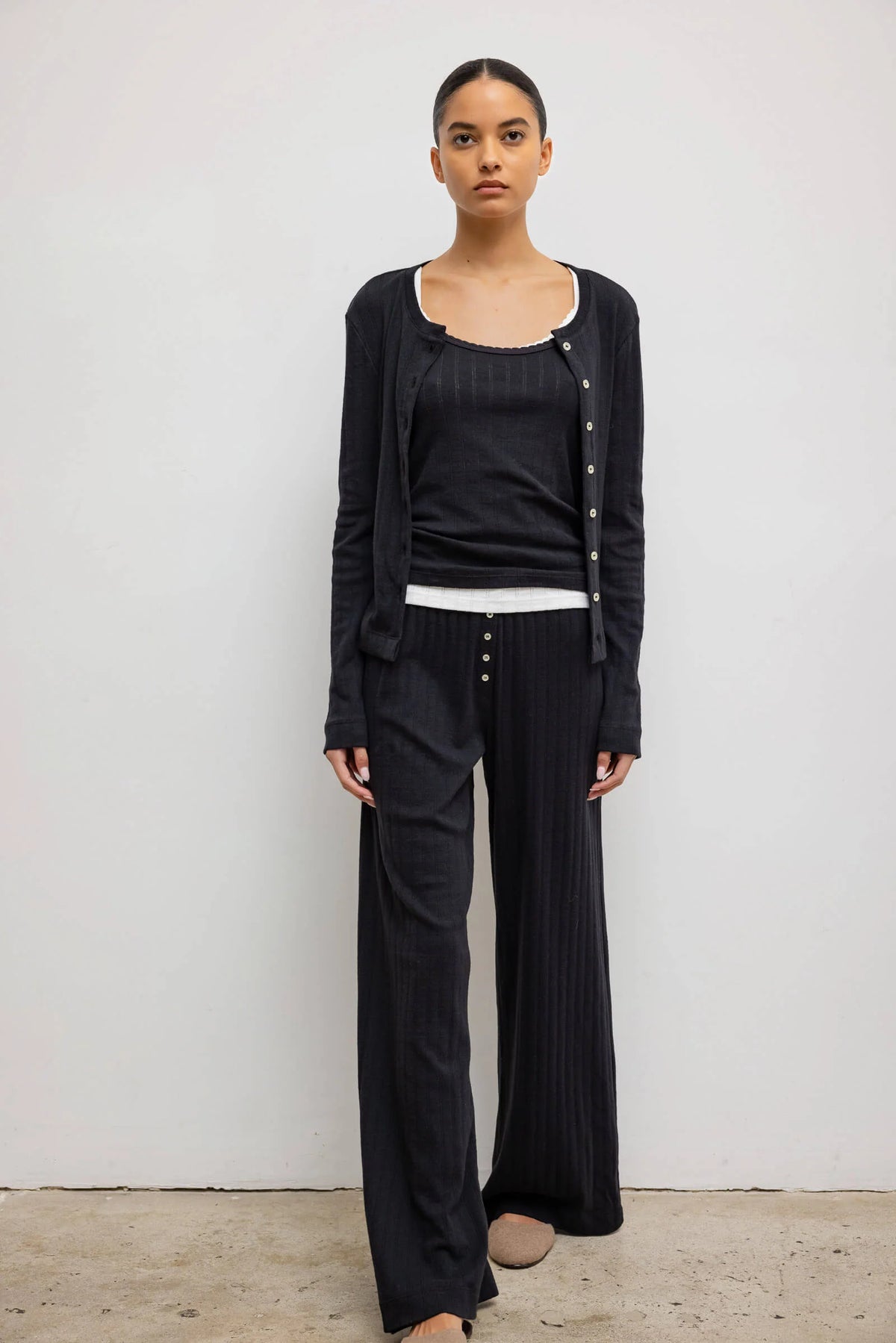 LESET Pointelle Classic Crew Cardigan - Black