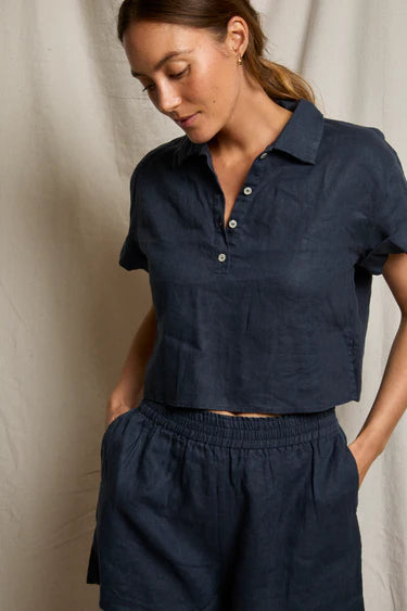 Perfectwhitetee tabitha linen collared cropped polo tee Navy