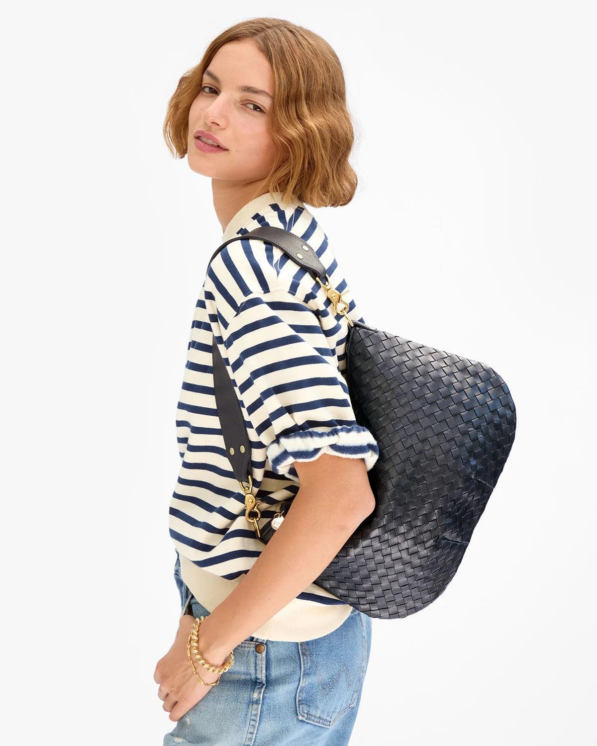 Clare V. Moyen Messenger Twilight Navy Diagonal Woven
