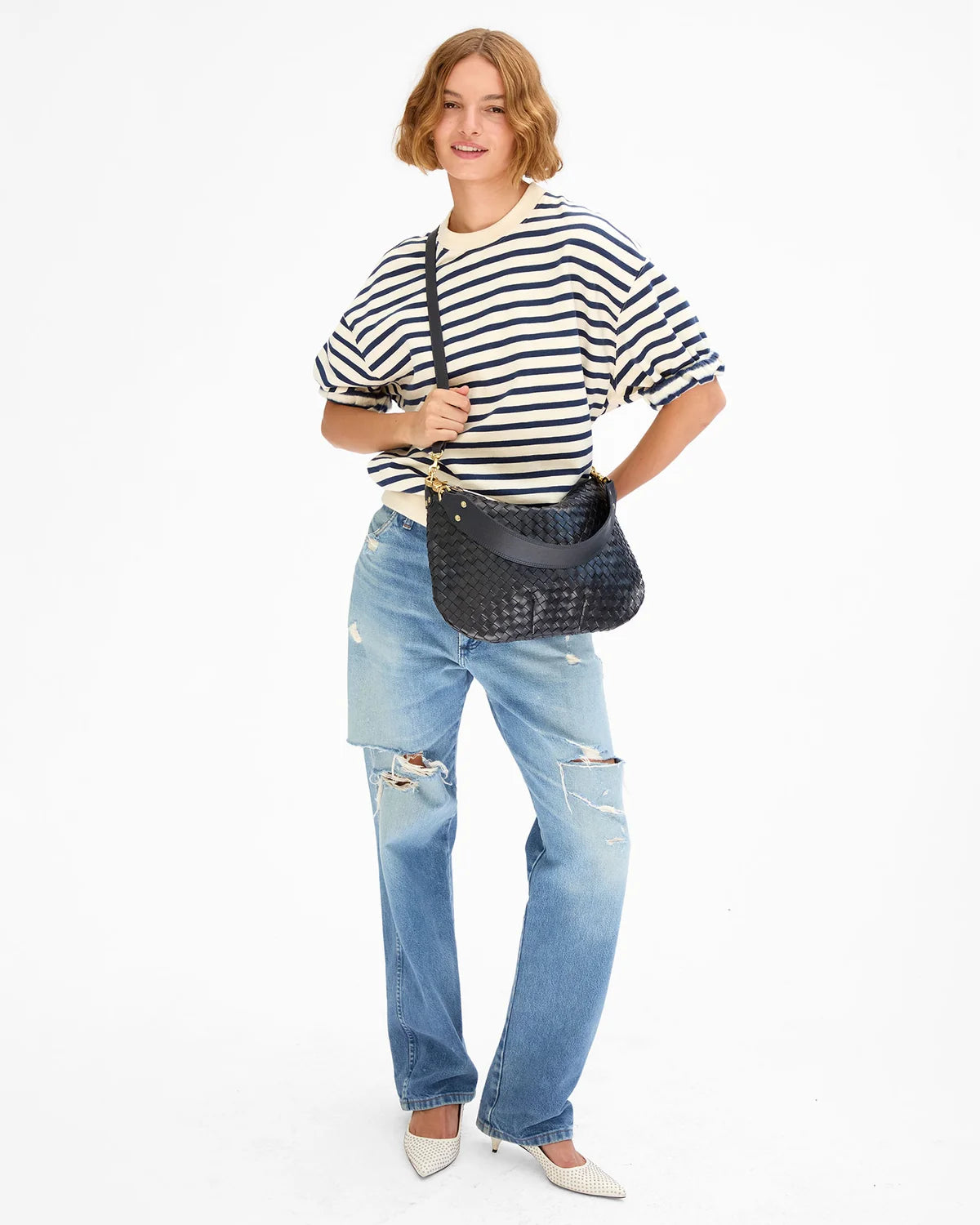 Clare V. Moyen Messenger Twilight Navy Diagonal Woven