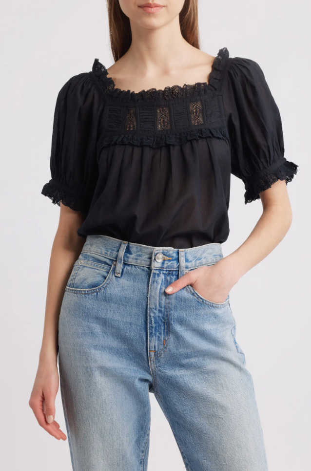 Dôen Frances Lace Inset Cotton Blend Top Black