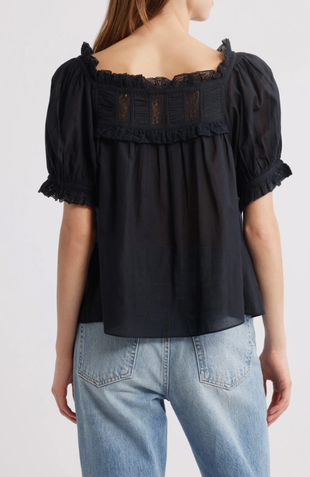 Dôen Frances Lace Inset Cotton Blend Top Black