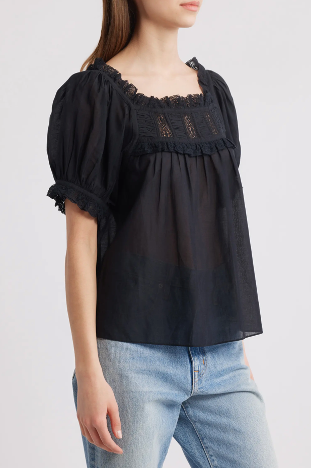 Dôen Frances Lace Inset Cotton Blend Top Black