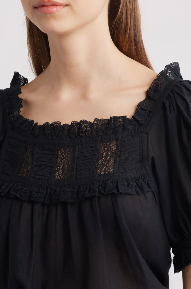 Dôen Frances Lace Inset Cotton Blend Top Black