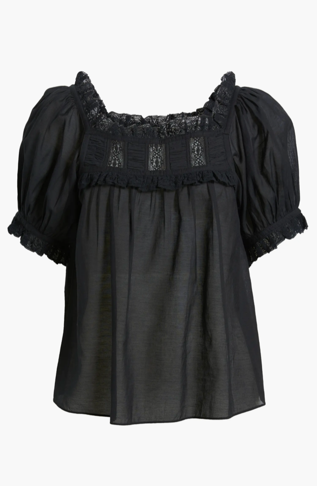 Dôen Frances Lace Inset Cotton Blend Top Black