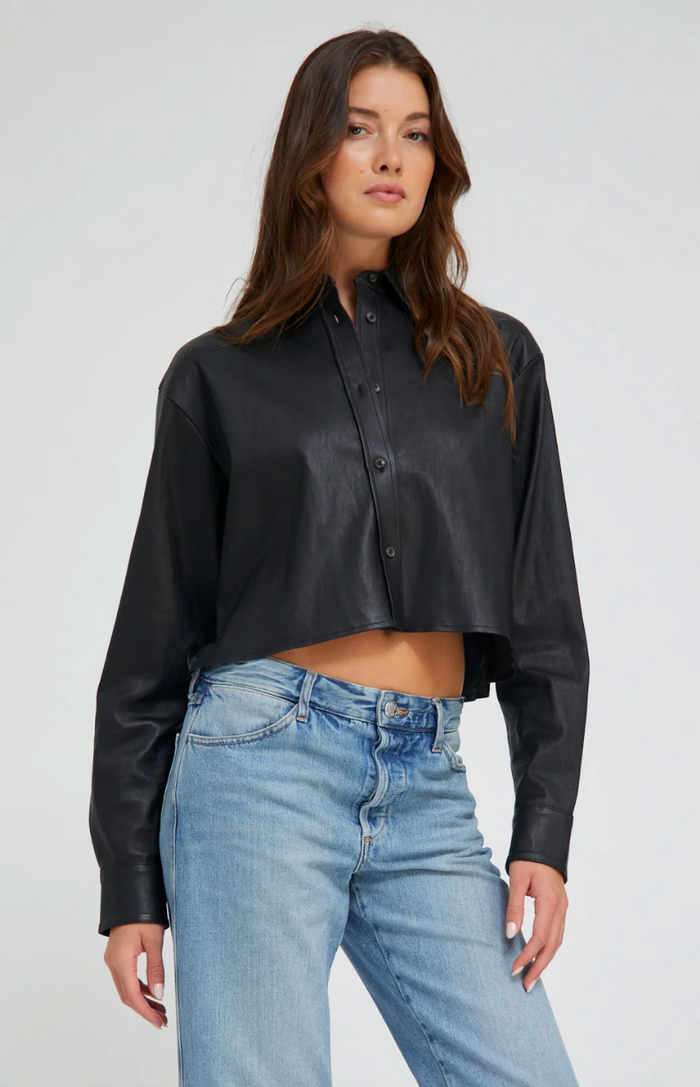 SPRWMN BLACK LEATHER CROPPED BUTTON DOWN