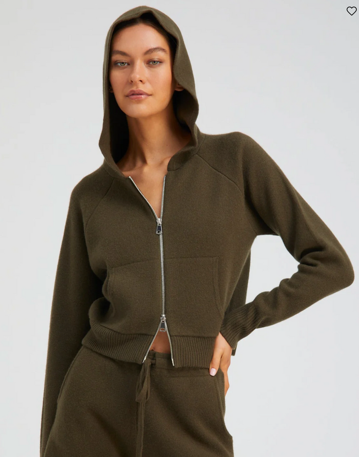 SPRWMN OLIVE CASHMERE SHRUNKEN ZIP UP HOODIE