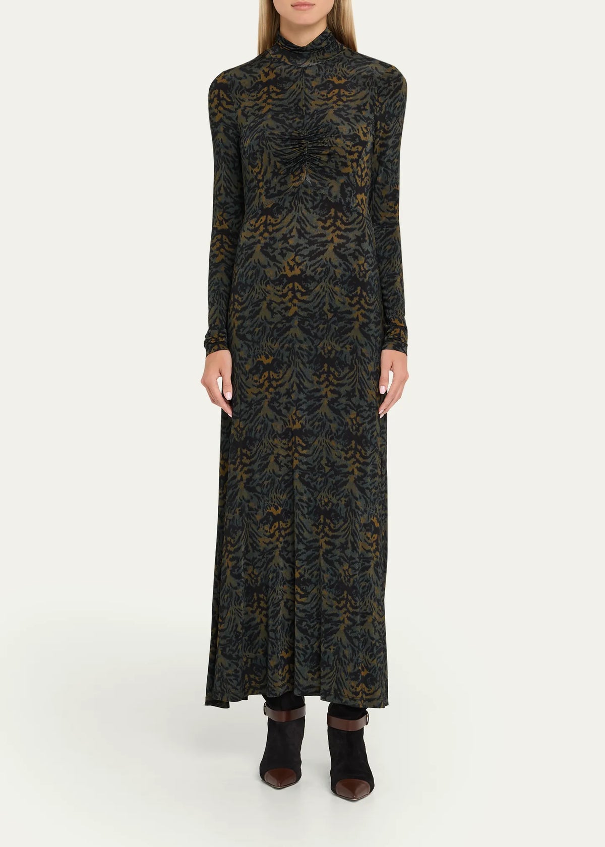 ULLA JOHNSON Koa Ruched Jersey Turtleneck Maxi Dress - Desert Jasper