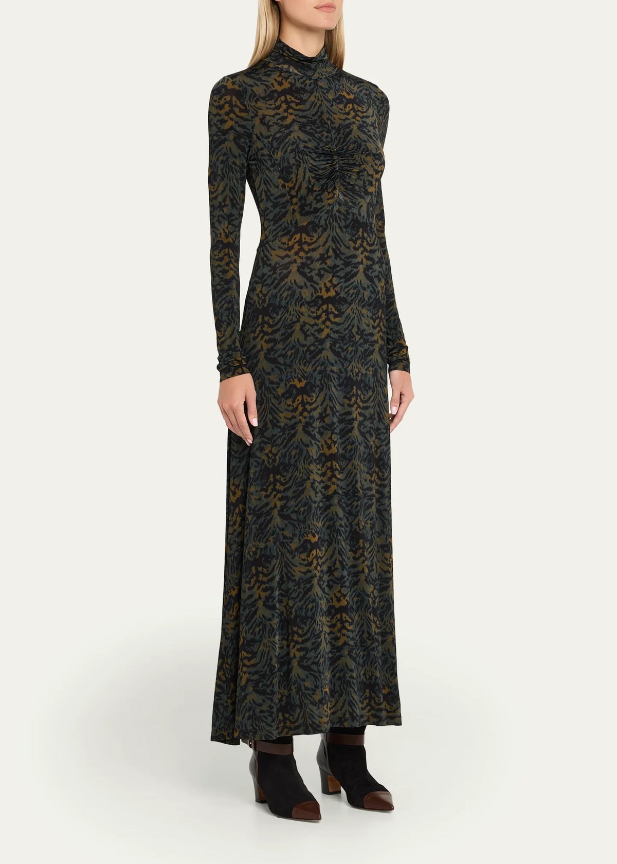 ULLA JOHNSON Koa Ruched Jersey Turtleneck Maxi Dress - Desert Jasper